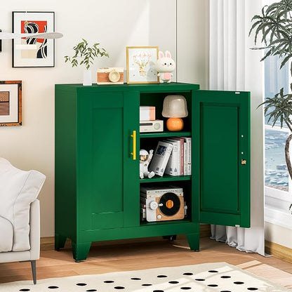 winiowa Tall Metal Storage Cabinet with Lock, Locking File Cabinet with 2 Doors and 2 Adjustable Shelves, Green Lockable Organizer for Home Office Garage（27.6" W）