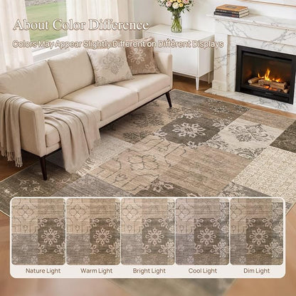 UERMEI 9x12 Area Rug for Living Room, Washable Brown Modern Geometric Patchwork Non Slip Stain Resistant Low Pile Foldable Carpet for Bedroom Dining Farmhouse Home Office