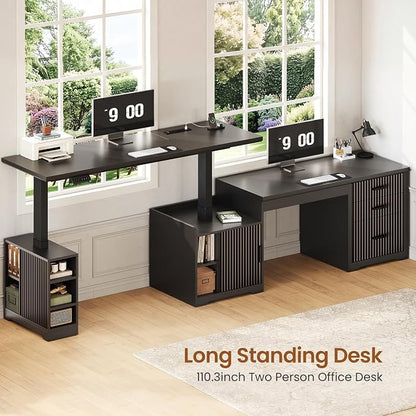 SEDETA Fluted L Shaped Electric Standing Desk, 63" x 67" Height Adjustable Home Office Executive Desk with Drawers and Shelves, Two Person Desk with Power Outlet for Home Office, Black