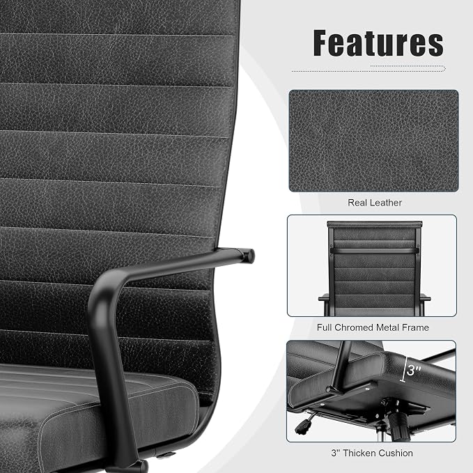 Okeysen Genuine Leather Office Chair, Mid-Century Modern Real Leather Conference Room Chairs, Ergonomic Executive Ribbed Height Adjustable Swivel Rolling Desk Chair for Home Office.