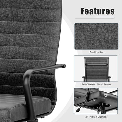 Okeysen Genuine Leather Office Chair, Mid-Century Modern Real Leather Conference Room Chairs, Ergonomic Executive Ribbed Height Adjustable Swivel Rolling Desk Chair for Home Office.