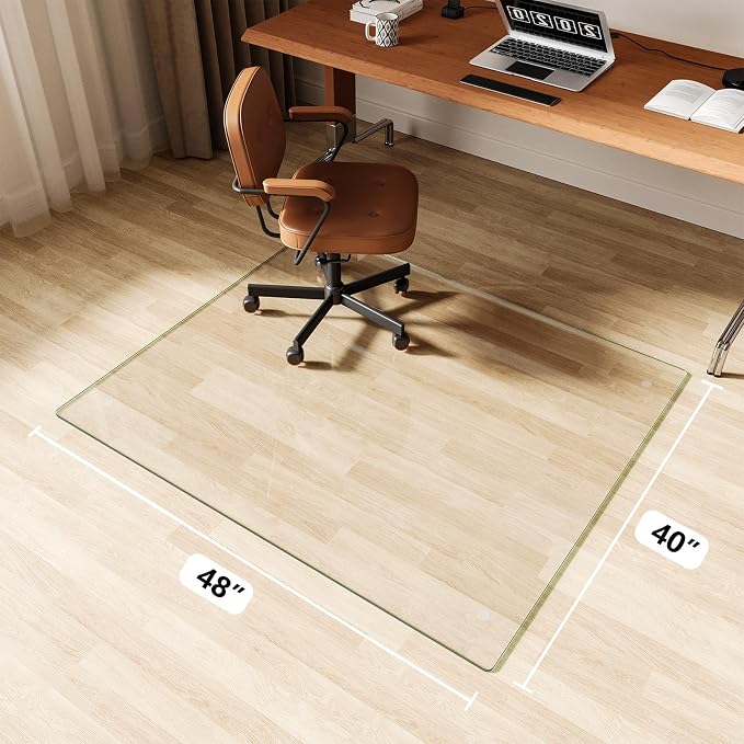 Glass Chair Mat 40" x 48" Heavy Duty Tempered Glass Office Chair Mat, Glass Floor Mat with Round Corner and Polished Edge for Smooth Glide, Office Chair Mat for Carpet, Hardwood Floor