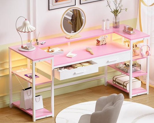 Pamray 58 Inch Computer Desk with Monitor Stand and Shelves Gaming Desk with LED Lights & Power Outlets PC Vanity Table with 2 Drawers for Home Office Pink