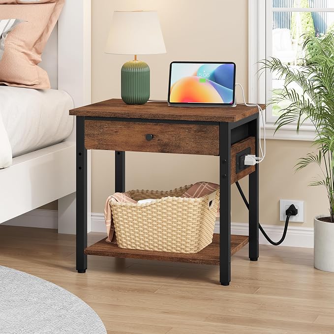 Gewudraw Printer Stand with Charging Station, 2-Tier Under Desk Printer Table, Side Table with Storage Shelves for Home Office, Living Room, Bedroom, Bathroom, Brown