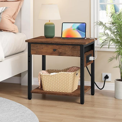 Gewudraw Printer Stand with Charging Station, 2-Tier Under Desk Printer Table, Side Table with Storage Shelves for Home Office, Living Room, Bedroom, Bathroom, Brown