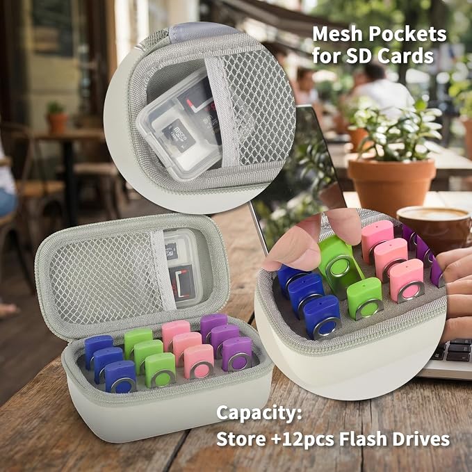 Comecase 12 Slots USB Flash Drive Case, Hard Shell Organizer for Thumb Drives & Jump Drives with Carabiner, Portable USB Case with Removable Pre-cut Sponge & SD Card Mesh Pocket (White, Small)