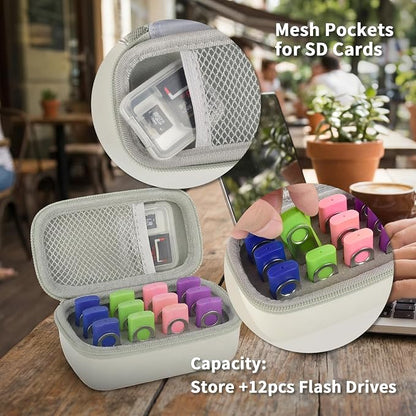 Comecase 12 Slots USB Flash Drive Case, Hard Shell Organizer for Thumb Drives & Jump Drives with Carabiner, Portable USB Case with Removable Pre-cut Sponge & SD Card Mesh Pocket (White, Small)