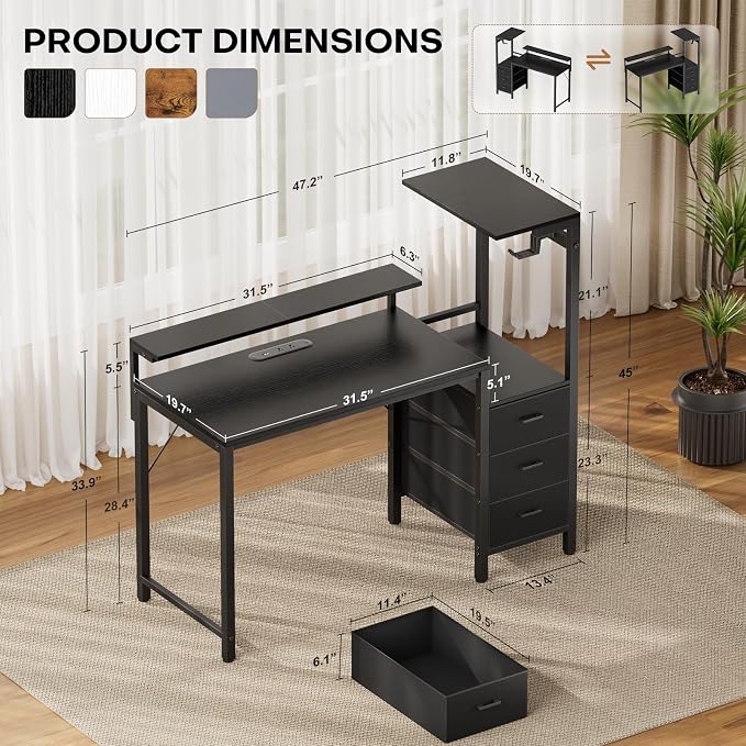 HLDIRECT 44 inch Gaming Desk with 3 Fabric Drawers & Side Hooks-Reversible Home Office Computer Desk with Power Outlets & Led Lights, Gamer Desk Table with Monitor Stand, Black