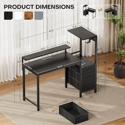 HLDIRECT 44 inch Gaming Desk with 3 Fabric Drawers & Side Hooks-Reversible Home Office Computer Desk with Power Outlets & Led Lights, Gamer Desk Table with Monitor Stand, Black