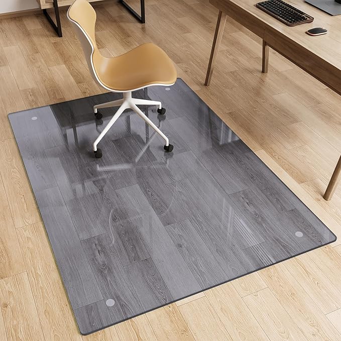 Glass Chair Mat 36" x 55" Heavy Duty Tempered Glass Office Chair Mat, Glass Floor Mat with Round Corner and Polished Edge for Smooth Glide, Office Chair Mat for Carpet, Hardwood Floor, Grey