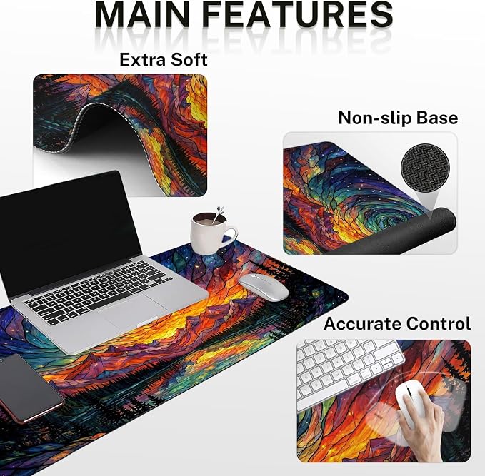 Britimes Mountain Colorful Abstract Keyboard Mouse Pad Set Galaxy Forest 4in1 Large Mousepad+Keyboard Wrist Rest+Mouse Wrist Rest+Coaster Ergonomic Design for Home Office Computer 35.4x15.7 inches