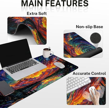 Britimes Mountain Colorful Abstract Keyboard Mouse Pad Set Galaxy Forest 4in1 Large Mousepad+Keyboard Wrist Rest+Mouse Wrist Rest+Coaster Ergonomic Design for Home Office Computer 35.4x15.7 inches