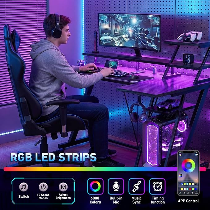 Korfile 55 Inch Black Gaming Desk with LED Lights & Power Outlet, Gaming Computer Desk with Storage Shelves, L Shaped Gamer Workstations with Monitor Stand for Bedroom
