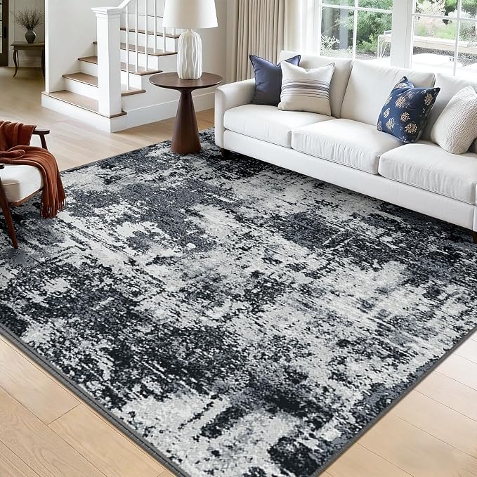 RELEANY Washable Area Rugs Square 9ft Non-Slip Modern Abstract Soft for Living Room Entryway Bedroom Kitchen, Print Pattern, Black Navy Blue Gray