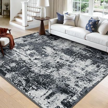 RELEANY Washable Area Rugs Square 9ft Non-Slip Modern Abstract Soft for Living Room Entryway Bedroom Kitchen, Print Pattern, Black Navy Blue Gray