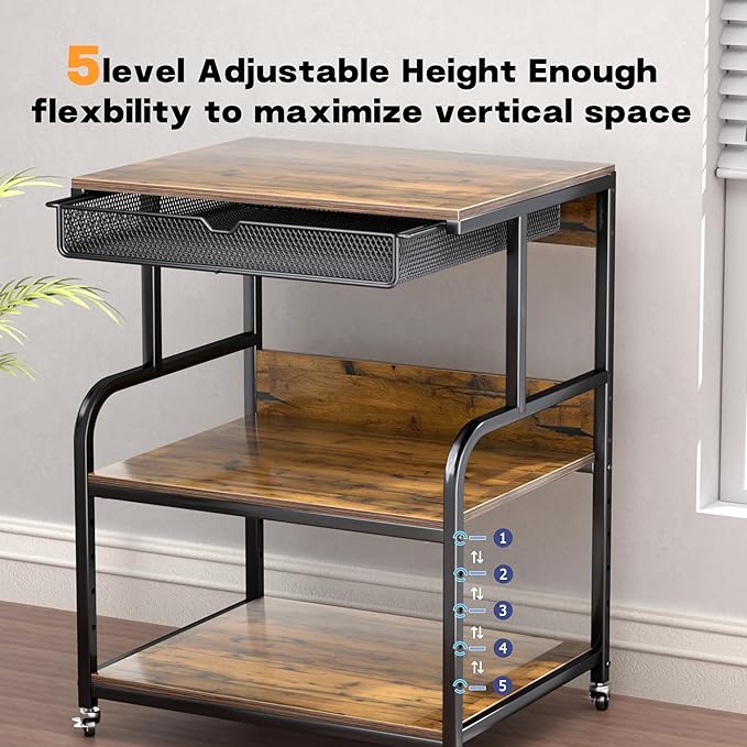 Large Printer Stand with Storage Shelf, 23.6''x18.9'' Rolling Printer Cart Holder with Lockable Wheels, 5-Adjustable Heights, 3D Scanner Fax Printer Table for Home Office Use, Large