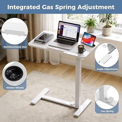 DUMOS Standing Desk on Wheels Height Adjustable Computer Cart with Pneumatic Lift, Rolling Table, Portable Workstation for Bed, Sofa, Hospital or Office White