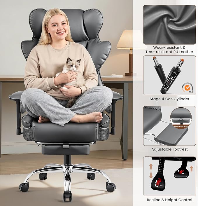 BESTFAIR Big and Tall Office Chair - High Back Executive Chair with Footrest & Lumbar Support for Heavy People, Adjustable Arms, Padded Wide Seat Computer Gaming Chair, Heavy Duty, Gray