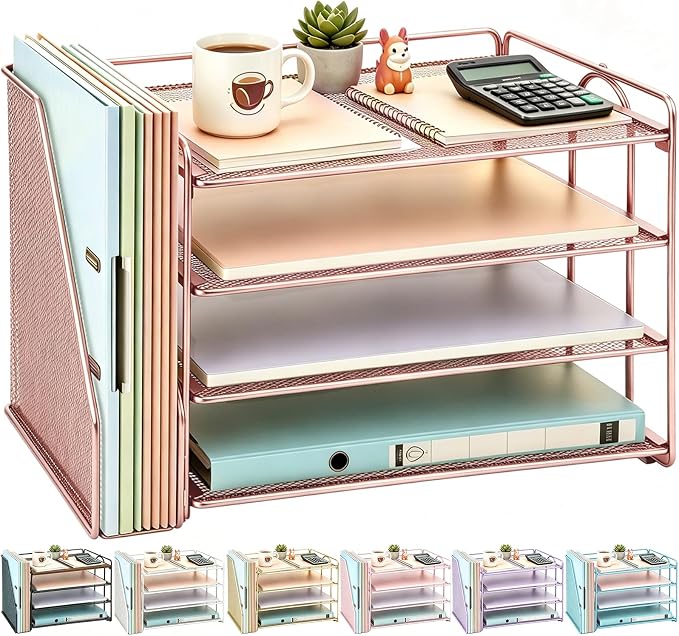 gianotter 4-Tier Paper Organizer With Magazine Holder, Desk Organizers and Accessories, Desk Accessories & Workspace Organizers, File Organizer for Office Supplies Storag (Rose Gold, 4-Tier)