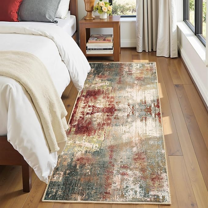 RELEANY Washable Area Rugs 2'x6' Non-Slip Modern Abstract Soft for Living Room Entryway Bedroom Kitchen, Print Pattern, Brown Rust Red Green Blue Multi