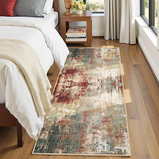RELEANY Washable Area Rugs 2'x6' Non-Slip Modern Abstract Soft for Living Room Entryway Bedroom Kitchen, Print Pattern, Brown Rust Red Green Blue Multi