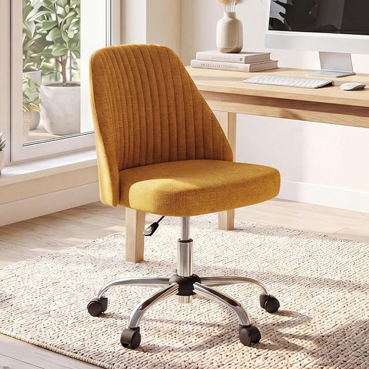 DUMOS Office Chair, Comfy Desk Chair Rolling Vanity Swivel Task Chairs with Wheels, Wide Seating Armless Height Adjustable Computer Chairs for Home,Bedroom,Student,Adults, Dark Yellow