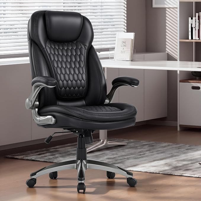 Ergonomic Executive Office Chair, High Back Leather Desk Chair with Flip-up Arms and Adjustable Height, Swivel Rolling Computer Chair with Heavy Duty Metal Base,300lbs,Black for Home Office or Study