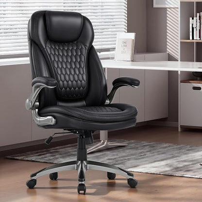 COLAMY High Back Executive Office Chair (Set of 2), Ergonomic PU Leather Desk Chairs with Flip-Up Arms and Upgraded Swivel Casters, Comfortable Computer Chairs for Home Office – Black