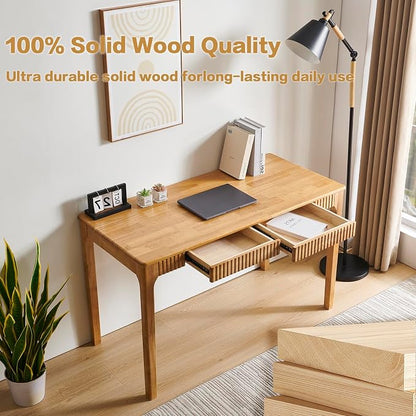 Solid Wood Desk with Drawers, Light Wood Desk for Small Spaces, Small Writing Desk for Bedroom, Gaming Study Home Office Wooden Desks for Work, 47 inch Wood Computer Desk