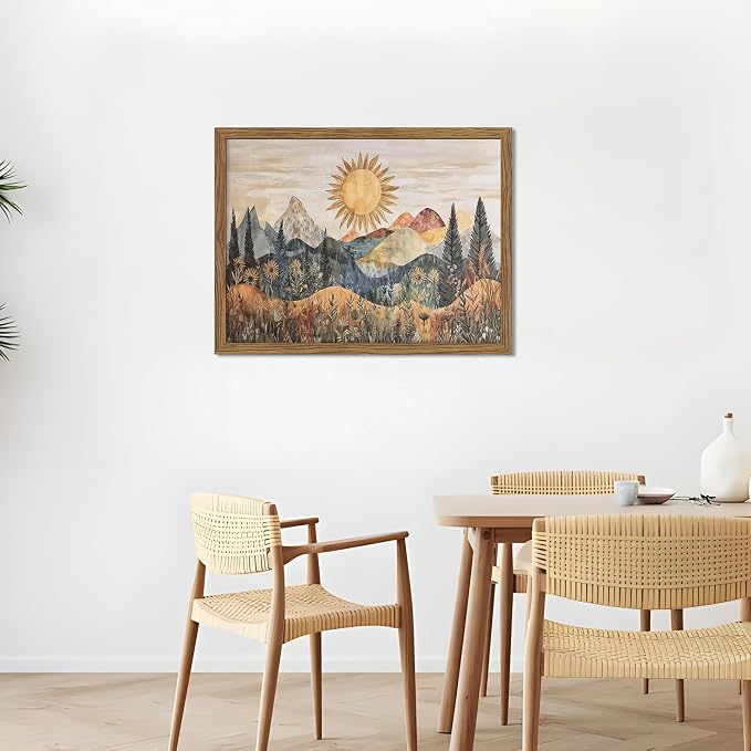 Framed Boho Sun Canvas Wall Art, Modern Abstract Mountain Landscape Painting, Southwestern Sun Poster Picture Print, Boho Floral Aesthetic Wall Decor for Bedroom Home Office 16x24 inch
