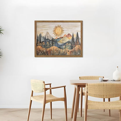 Framed Boho Sun Canvas Wall Art, Modern Abstract Mountain Landscape Painting, Southwestern Sun Poster Picture Print, Boho Floral Aesthetic Wall Decor for Bedroom Home Office 12x16 inch