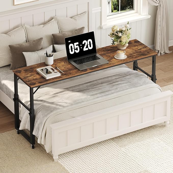 MAHANCRIS Overbed Table with Wheels, Mobile Bed Desk for Queen Size, 36"-43.5" Adjustable Height Rolling Table, Recliner Desk, Mobile Cross Bed for Bedroom, Living Room, Office, Rustic Brown MTHR18001