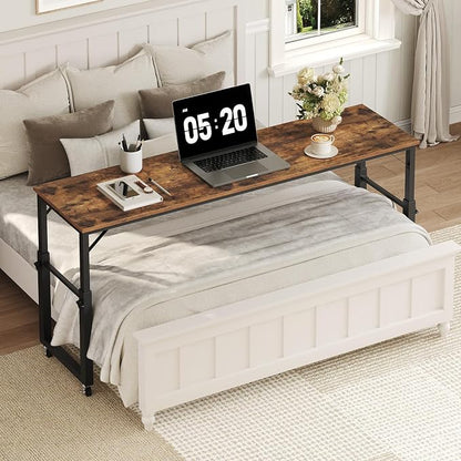 MAHANCRIS Overbed Table with Wheels, Mobile Bed Desk for Queen Size, 36"-43.5" Adjustable Height Rolling Table, Recliner Desk, Mobile Cross Bed for Bedroom, Living Room, Office, Rustic Brown MTHR18001