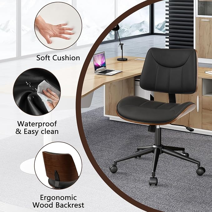 CLATINA Office Chair Armless with Wheels, Mid-Century Modern Walnut Desk Chair, Adjustable Height Reading Chair, PU Leather Mid Back & Swivel Computer Chairs for Home Meeting Room Bedroom, Black(1 PK)