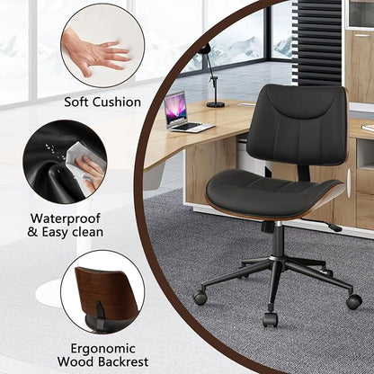 CLATINA Office Chair Armless with Wheels, Mid-Century Modern Walnut Desk Chair, Adjustable Height Reading Chair, PU Leather Mid Back & Swivel Computer Chairs for Home Meeting Room Bedroom, Black(1 PK)