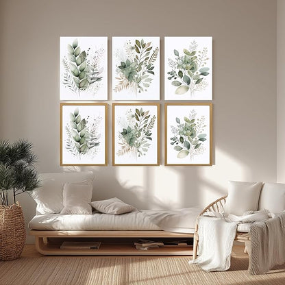 LLEEMPI Sage Green Wall Art Set of 3, Modern Watercolor Botanical Wall Decor, Eucalyptus Leaf Canvas Painting, Classic Minimalist Florals Poster Print for Bedroom Bathroom Office 12x16 Inch Framed Included (Total Size)
