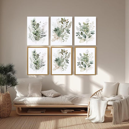 LLEEMPI Framed Sage Green Wall Art Set of 3, Modern Watercolor Botanical Wall Decor, Eucalyptus Leaf Canvas Painting, Classic Minimalist Florals Poster Print for Bedroom Bathroom Office 16x24 Inch