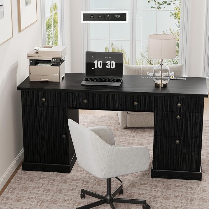 Garvee 60" Office Desk with Storage & Drawers, Fluted Wood Executive Desk with File Drawers & Charging Station, Modern Computer Desk with Adjustable Shelves for Home Office, Black
