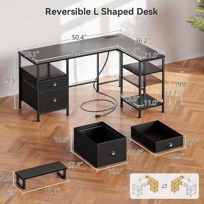 Furologee 50 Inch L Shaped Gaming Desk with Power Outlet, Corner Computer Desk for Home Office, Reversible Work Study Table with File Drawer, Monitor Stand, Storage Shelves, Black
