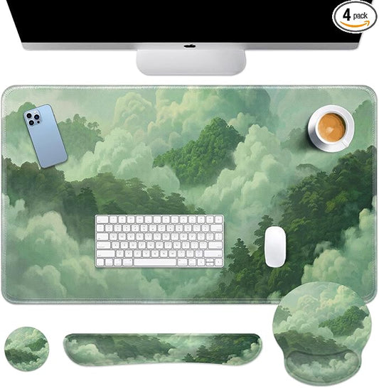 Britimes Green Cloud Keyboard Mouse Pad Set Forest Mountain Aesthetic 4in1 Large Mousepad+Keyboard Wrist Rest+Mouse Wrist Rest+Coaster Ergonomic Design for Home Office Computer 35.4x15.7 inches