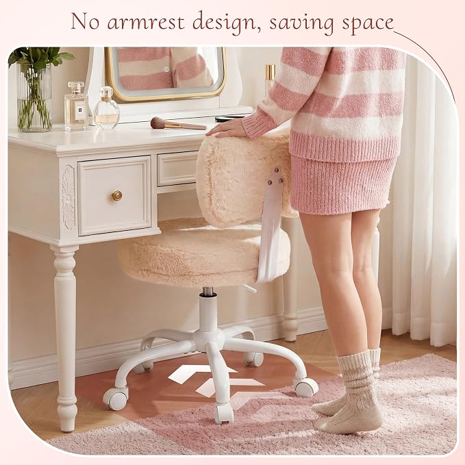 Homkdom Vanity Chair with Wheels, Cute Desk Chair with Bow Backrest, Fluffy Faux Rabbit Fur Small Office Chair for Vanity, Make-up Room, Bedroom, Dorm, Height Adjustable, Orange Pink