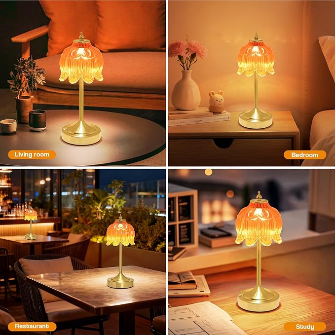 Cordless Lotus Flower Table Lamp, 5200mAh Rechargeable Battery Operated Portable Lamp, 3-Color Dimmable Touch Control Small Desk Lamp for Bedroom, Office, Kitchen, Nightstand,Room Decor (Orange-red)