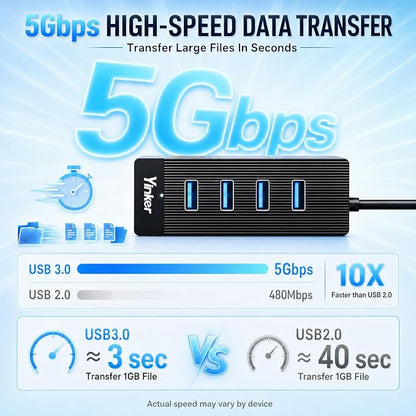USB 3.0 Hub Long Cable 10FT, 4 Port USB Extension Data Cable USB Dock Extender for Desktop PC Laptop Mac, Windows, 5Gbps