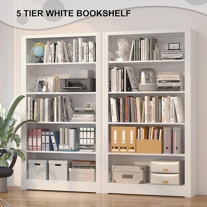 VASAAOSD White Bookshelf, 5 Tier Tall Bookshelf, Metal Bookshelves and Bookcases with Adjustable Shelves, Large Bookshelf Open Display Shelves with for Study, Office, Corner (69" H)