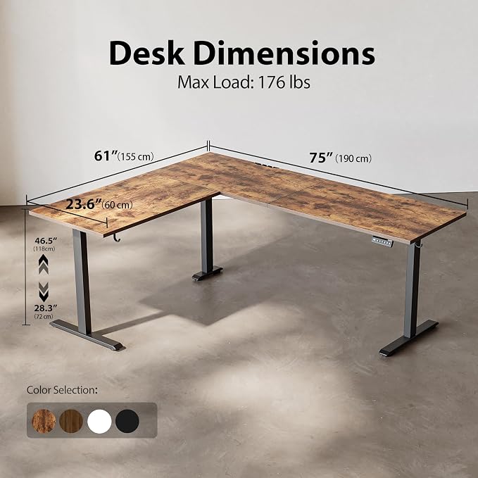 Agilestic L-Shaped Standing Desk Adjustable Height, Electric Corner Standing Desk, Sit Stand Up Desk, 75x61 inch Sit Stand Computer Table, Rustic Brown