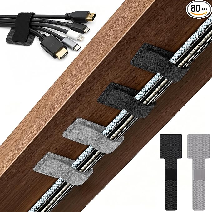 80 PCS Hook and Loop Cable Ties, Self Adhesive Cable Management Straps, Reusable Cord and Wire Organizer Clips for Under Desk, Computer, TV, Gaming Setup, Home Office and Kitchen, Black and Gray