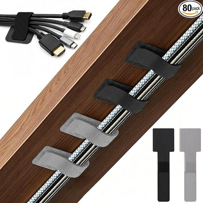 80 PCS Hook and Loop Cable Ties, Self Adhesive Cable Management Straps, Reusable Cord and Wire Organizer Clips for Under Desk, Computer, TV, Gaming Setup, Home Office and Kitchen, Black and Gray