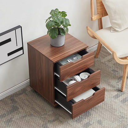 Farini 3-Drawer Vertical Filing Cabinet Rolling Wood Mobile File Cabinets Under Desk for Home Office with Casters (Brown Walnut, Non-Assembled)