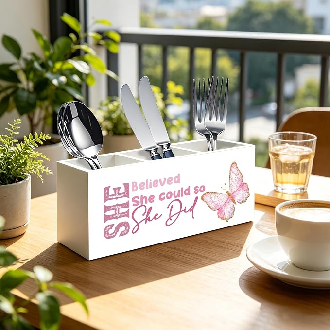 She Believed She Could So She Did Pen Pencil Holder Organizer for Desk, Inspirational Gifts for Women Friends, Graduation Gifts for Women Her, Pink Butterfly Wood Signs Desk Accessories