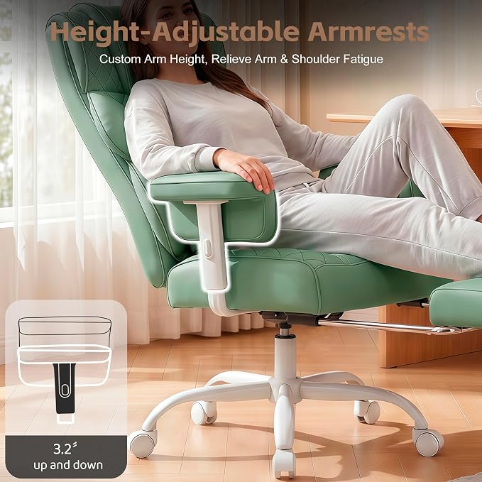 Vonesse Big and Tall Office Chair, Desk Chair with Soft Adjustable Armrests, Ergonomic High Back Gaming Chair with Lumbar Support, Executive Computer Chairs with Footrest (PU Leather, Green)